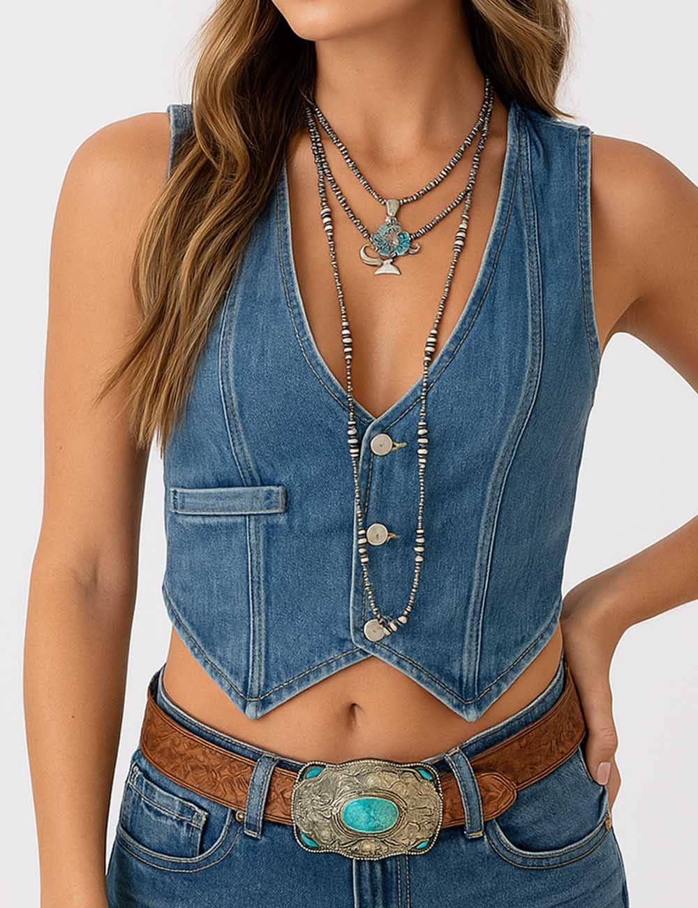 Ladies V-Neck Button Denim Vest