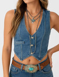 Ladies V-Neck Button Denim Vest