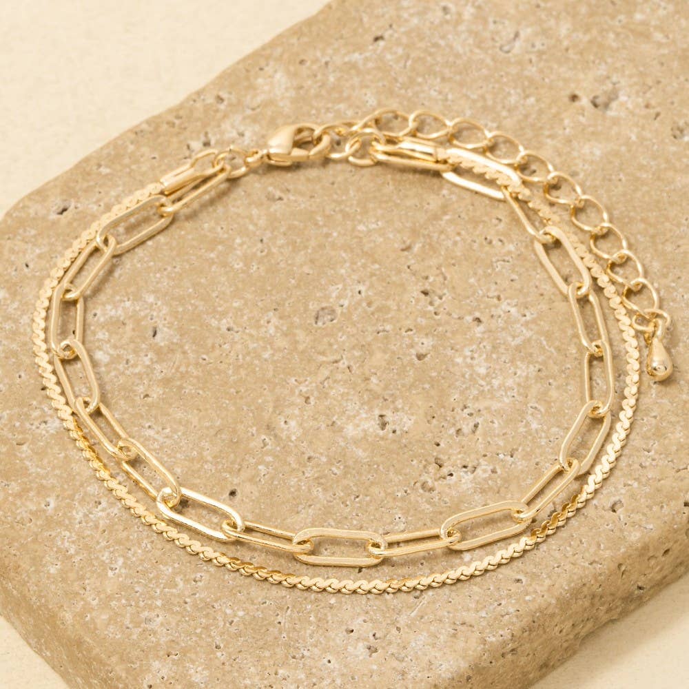 Two Row Rope Chain And Oval Chain Bracelet-Gold
