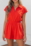 Half Zip Polo Tee Elastic Waist Romper: Tomato Red
