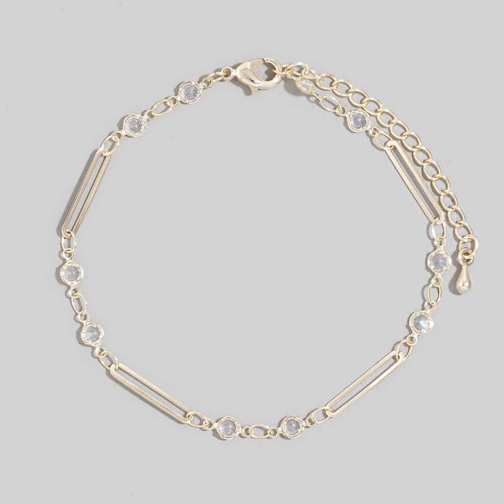 Bar & Round Cz Bezel Station Chain Bracelet-Gold