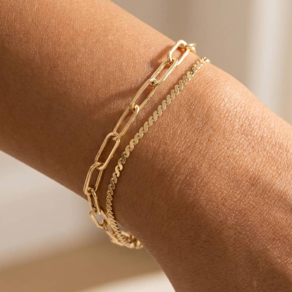 Two Row Rope Chain And Oval Chain Bracelet-Gold
