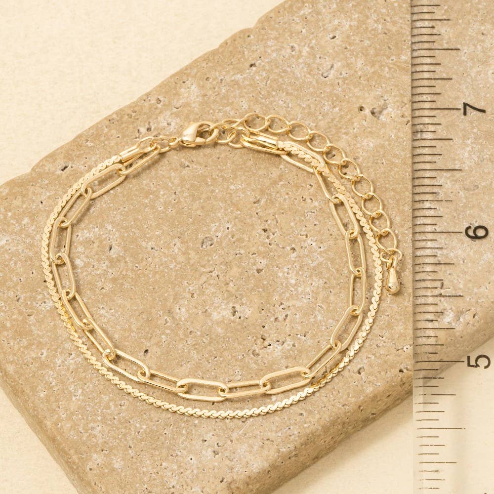 Two Row Rope Chain And Oval Chain Bracelet-Gold
