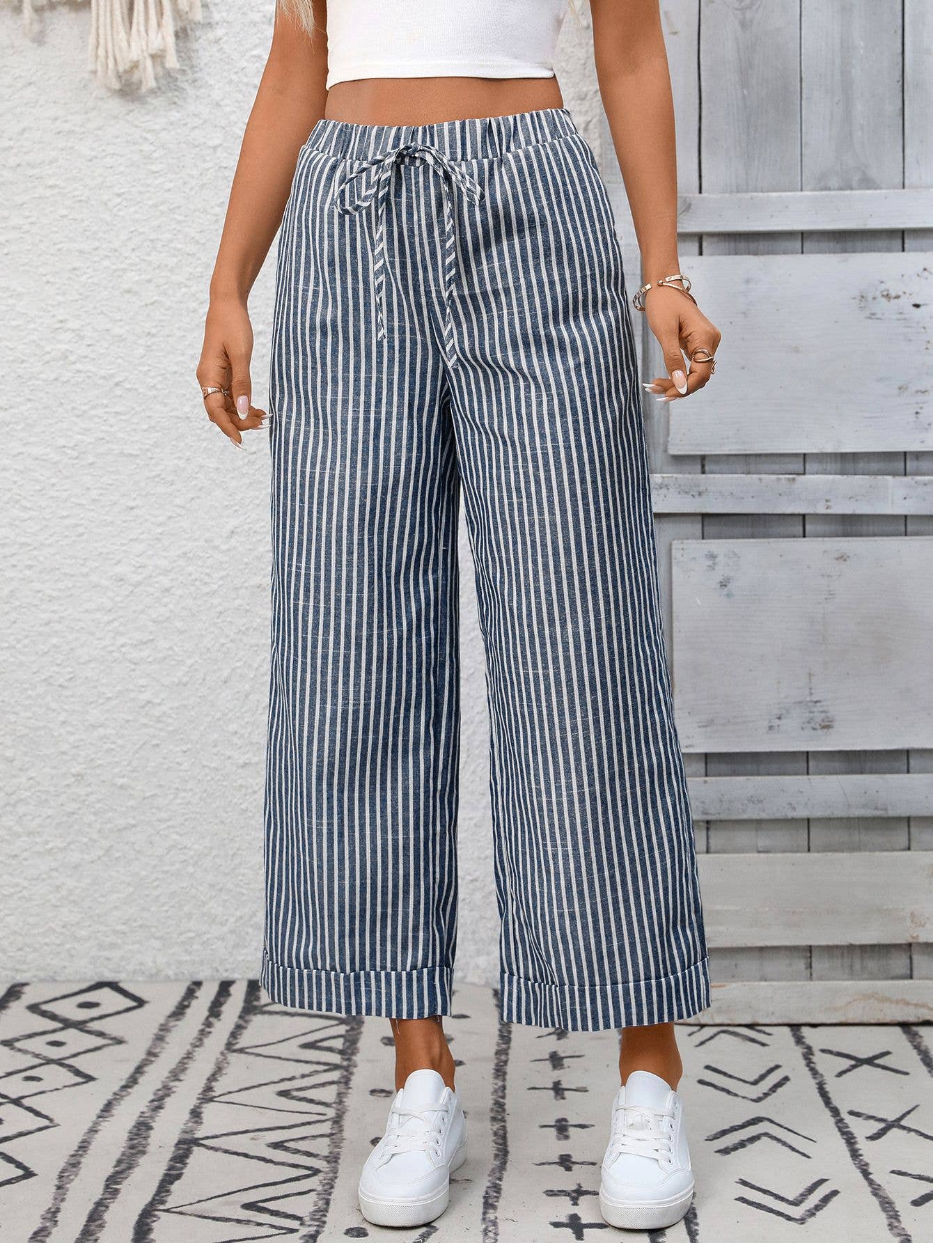 Striped Drawstring Wide Leg Lounge Pants: Navy