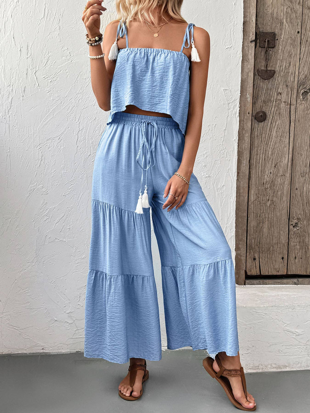 Tassel Tie Crop & Wide-Leg Set: Blue