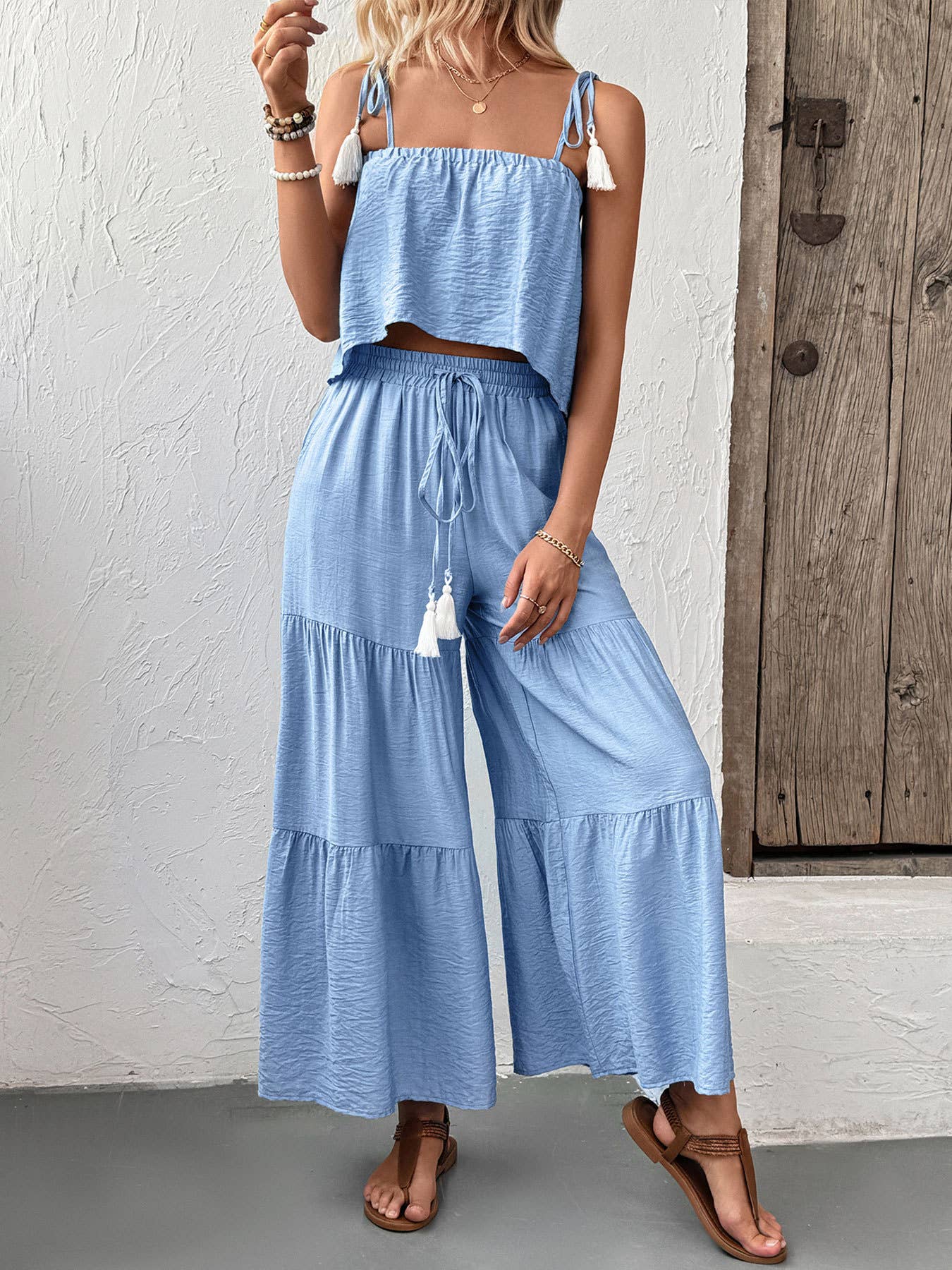 Tassel Tie Crop & Wide-Leg Set: Blue