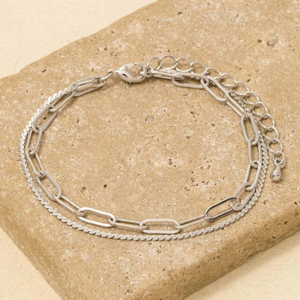 Two Row Rope Chain And Oval Chain Bracelet-Silver