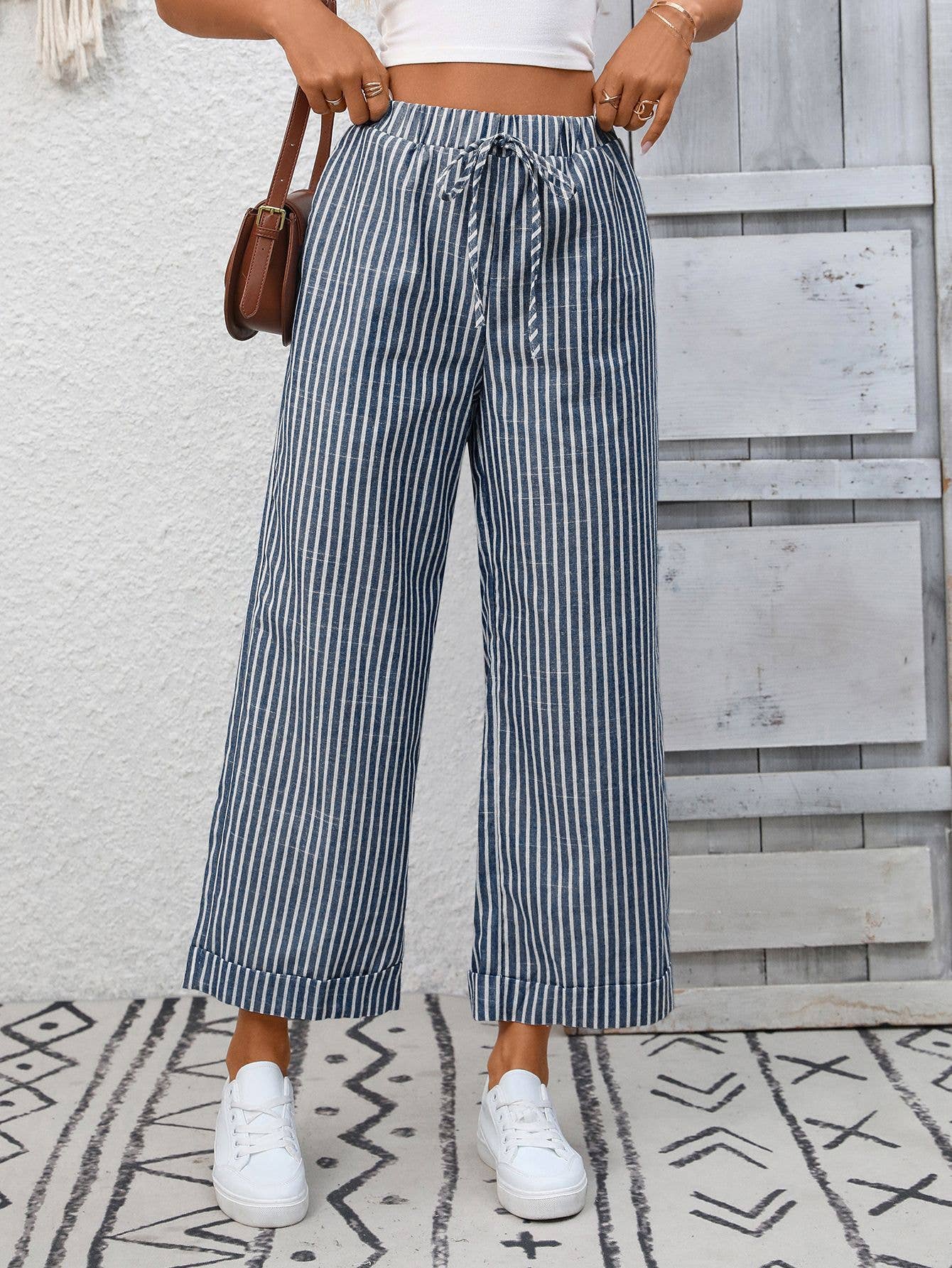 Striped Drawstring Wide Leg Lounge Pants: Navy