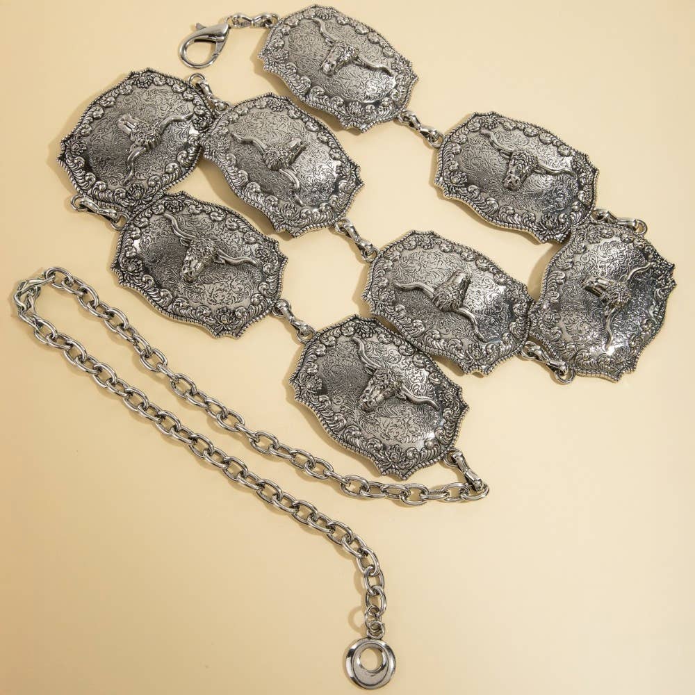 Western Longhorn Engraved Chain Belt-Silver