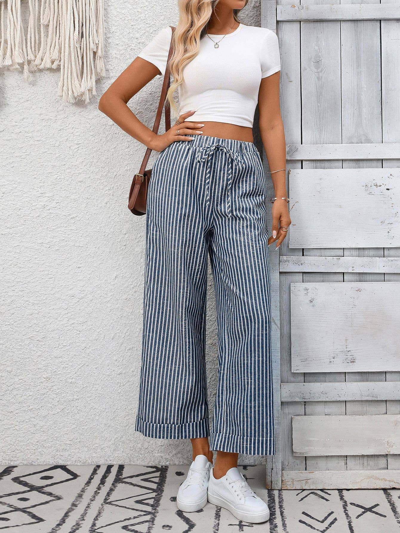 Striped Drawstring Wide Leg Lounge Pants: Navy