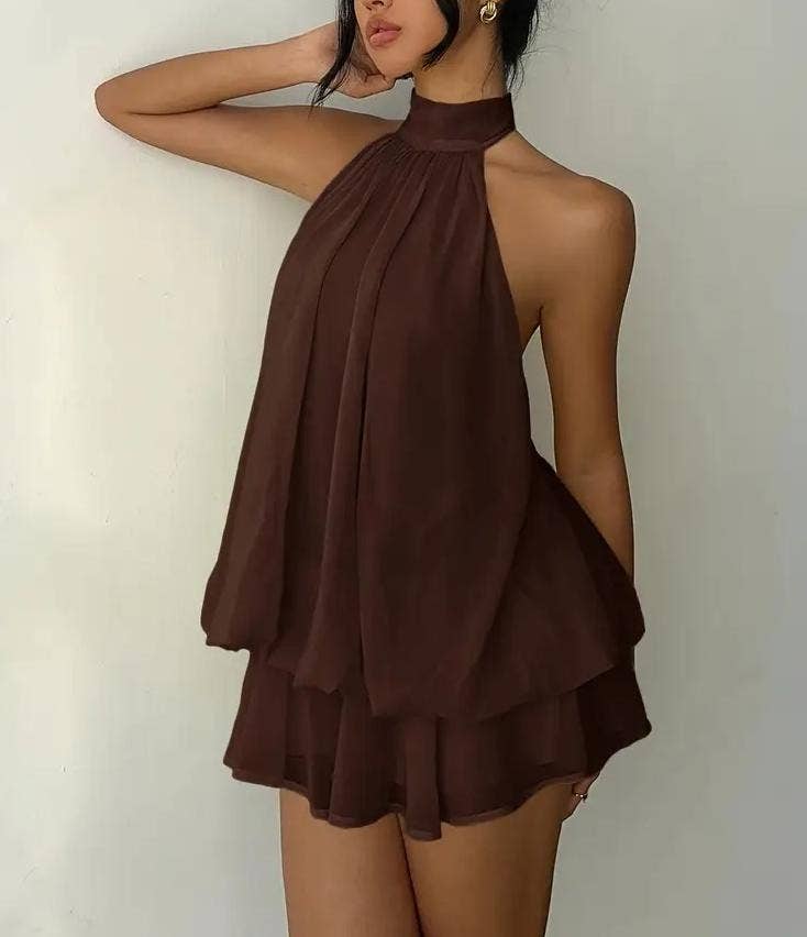 Tiered Halter Chiffon Mini Dress: Brown