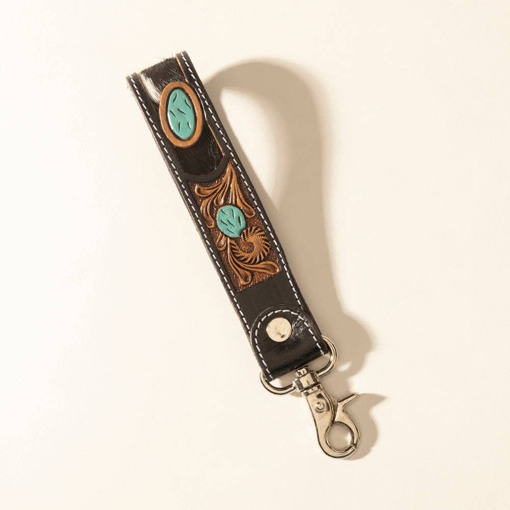 Myra Tallin Bloom Handtooled Leather Key fob-Saddle Sky