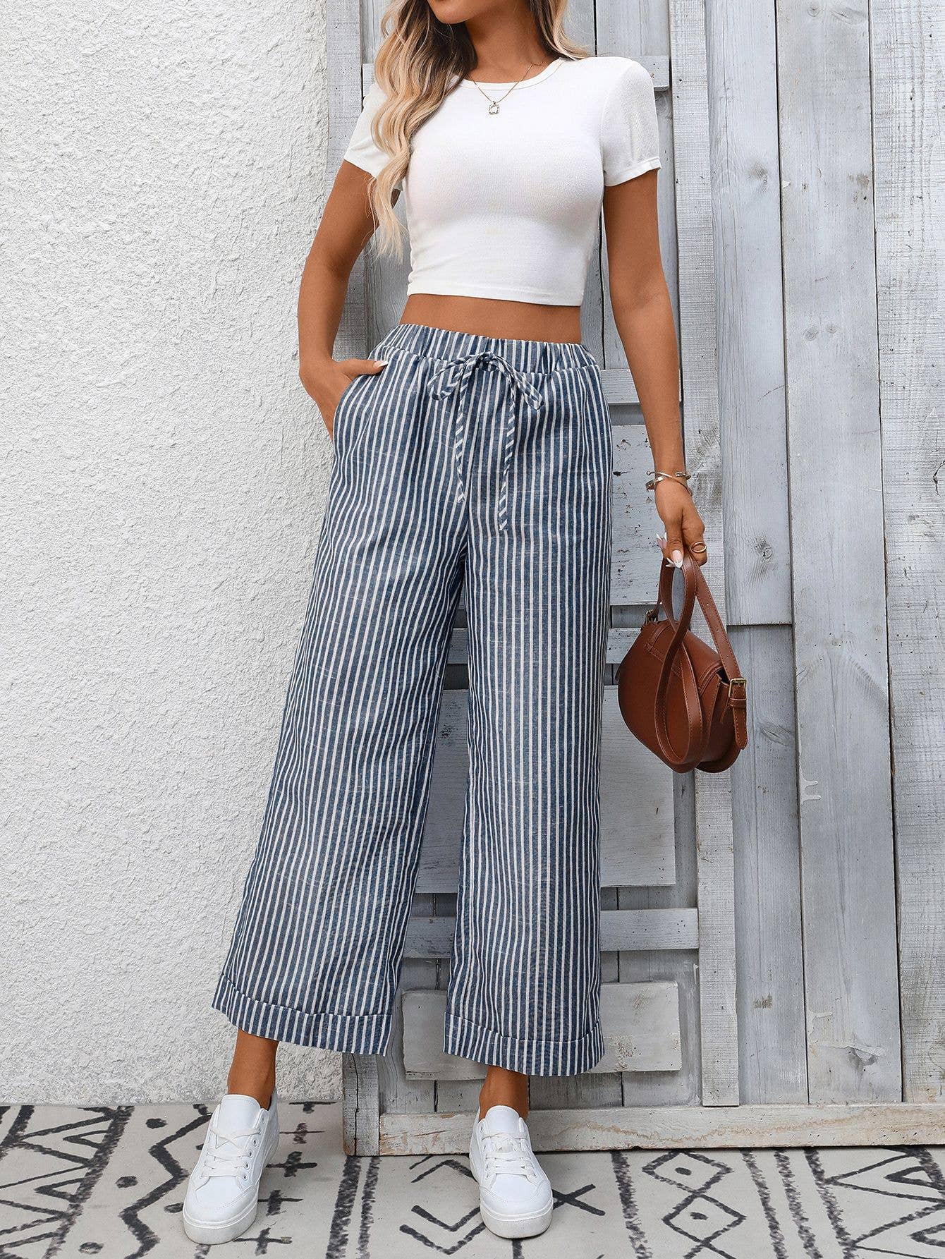 Striped Drawstring Wide Leg Lounge Pants: Navy