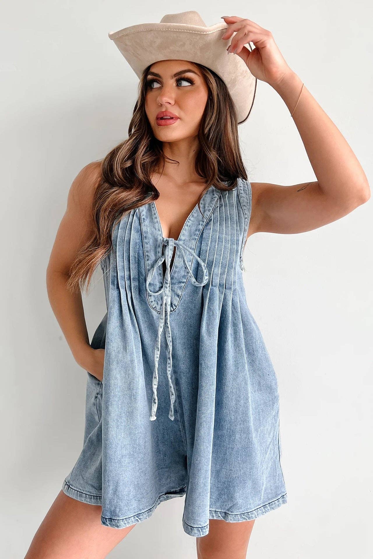 Ladies Tie Front V-Neck Denim Romper