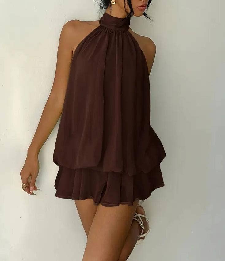 Tiered Halter Chiffon Mini Dress: Brown