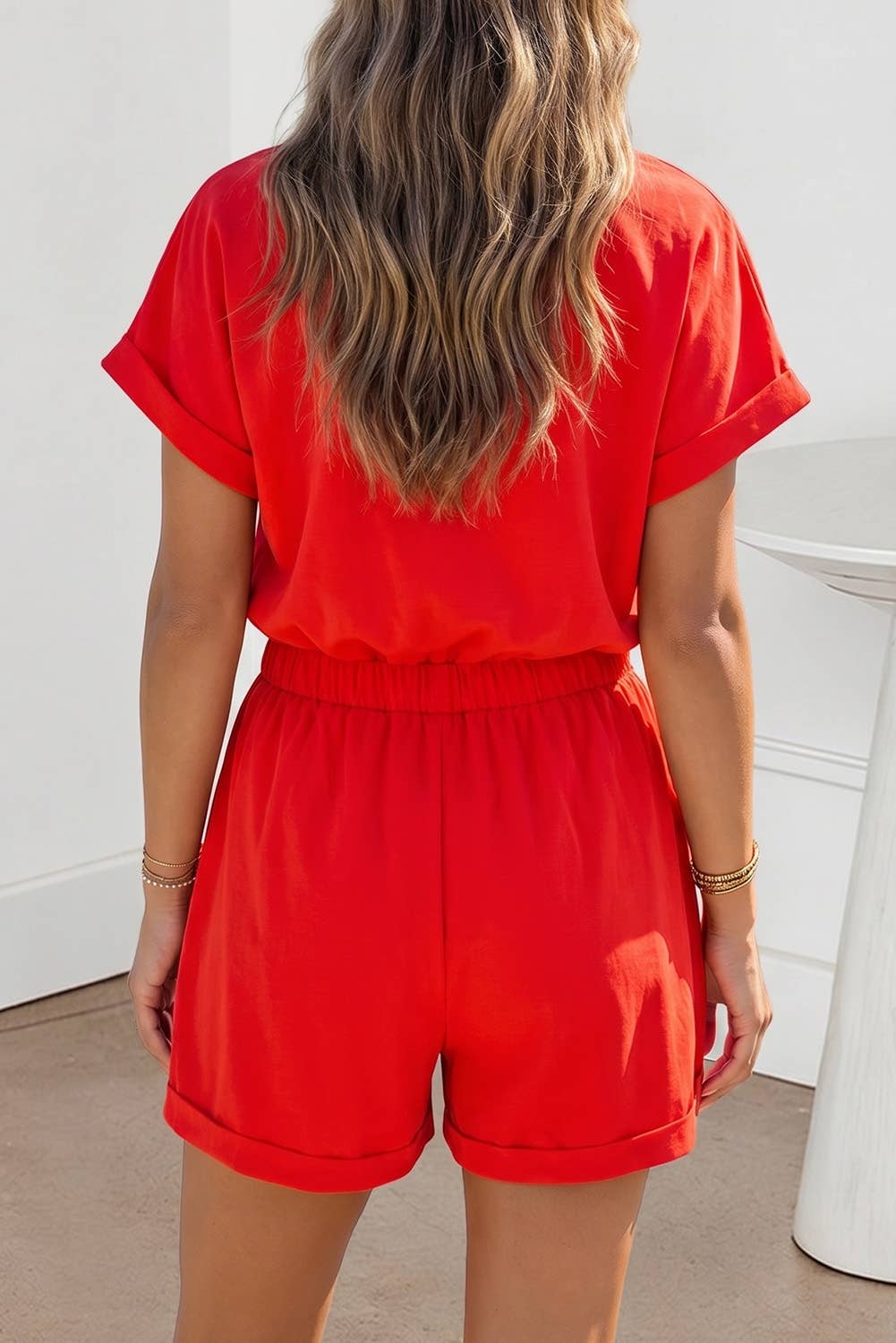 Half Zip Polo Tee Elastic Waist Romper: Tomato Red