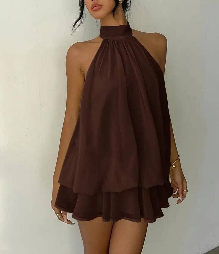 Tiered Halter Chiffon Mini Dress: Brown