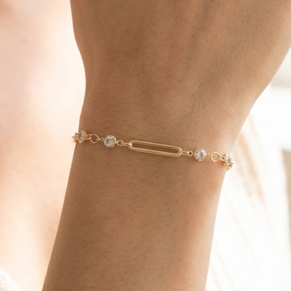 Bar & Round Cz Bezel Station Chain Bracelet-Gold
