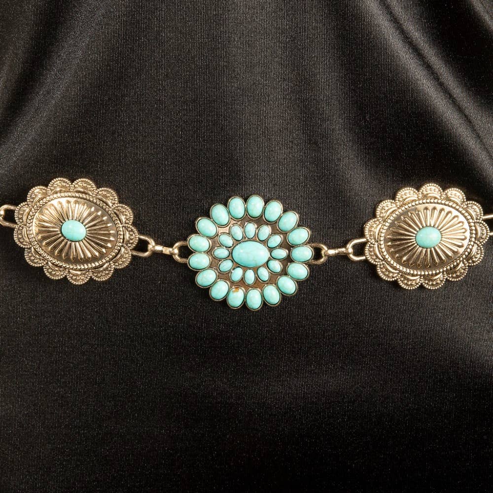 Abstract Oval Western Turquoise Concho Chain Belt-Gold
